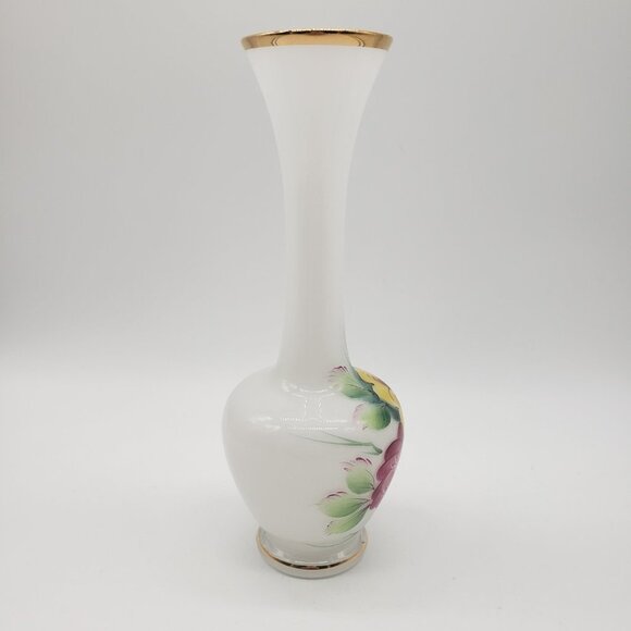 Vintage White Floral Fluted Gold Gilt Milk Glass Bud Vase - Picture 5 of 8